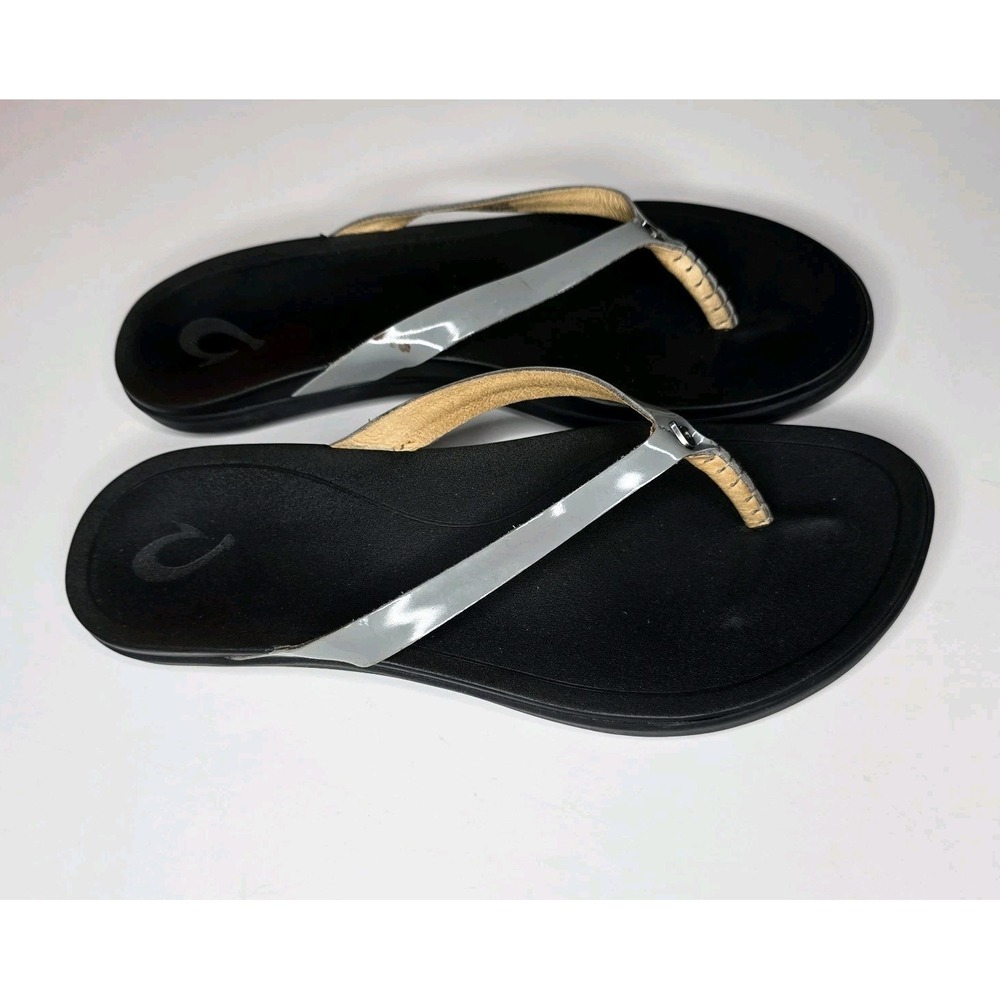 OLUKAI Women's Ho'Opio Flip Flops Thong Sandals Beach Leather Gray Size 8